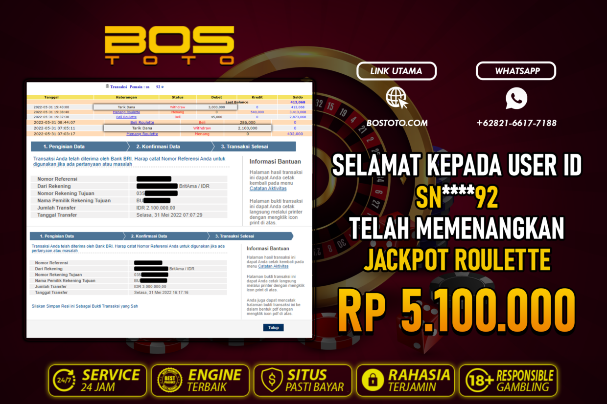 BUKTI PEMBAYARAN JP LIVE CASINO DI BOSTOTO KEPADA MEMBER SN92