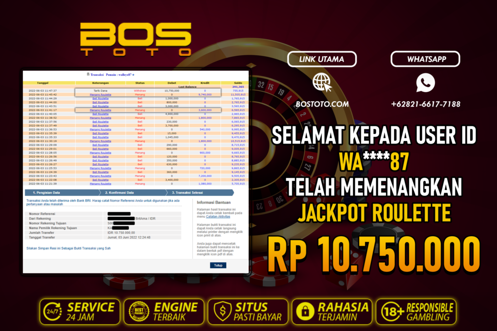 BUKTI PEMBAYARAN JP LIVE CASINO DI BOSTOTO KEPADA MEMBER WA87