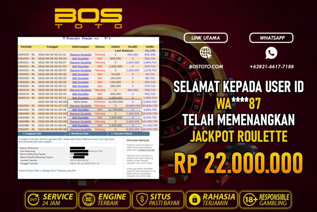 BUKTI PEMBAYARAN JP LIVE CASINO DI BOSTOTO KEPADA MEMBER WA87