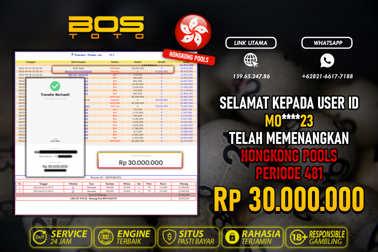 BUKTI PEMBAYARAN JP TOGEL HONGKONG DI BOSTOTO KEPADA MEMBER MO23