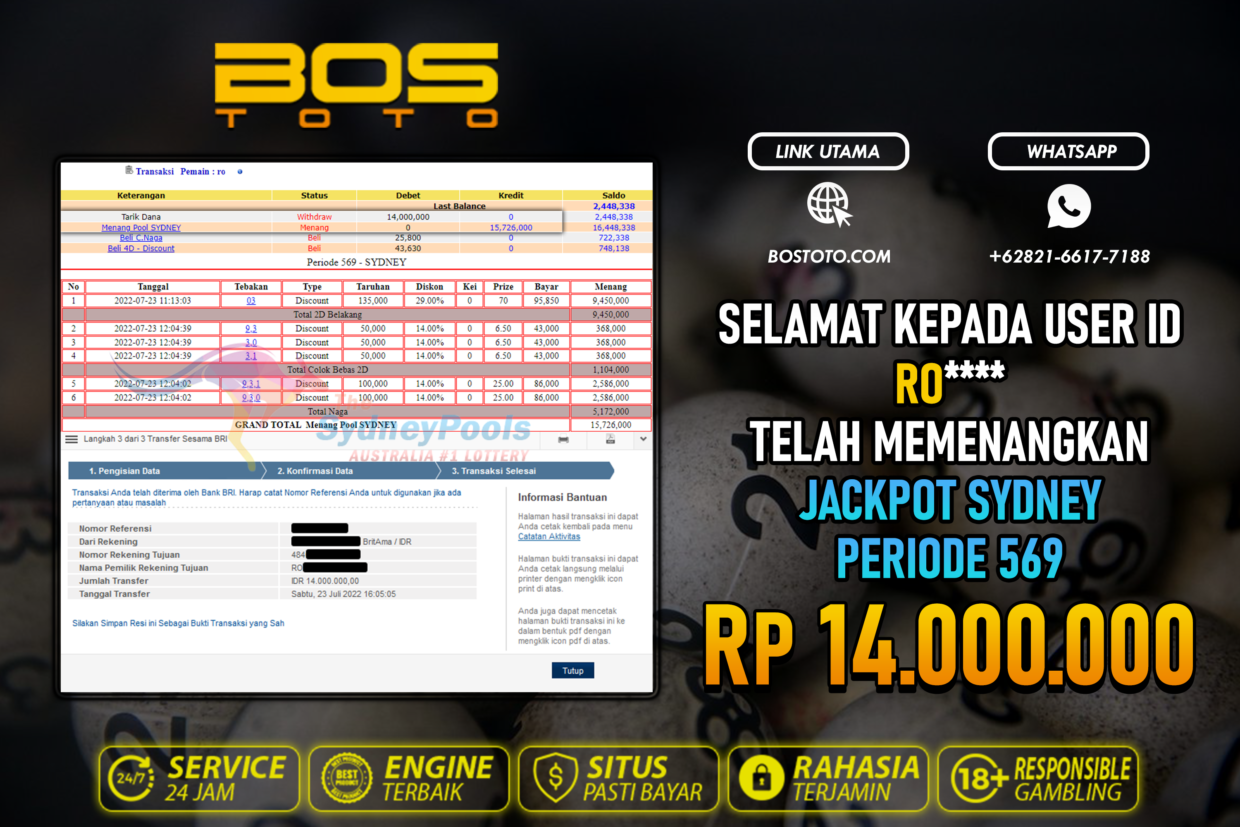 BUKTI PEMBAYARAN JP TOGEL SYDNEY DI BOSTOTO KEPADA MEMBER RO