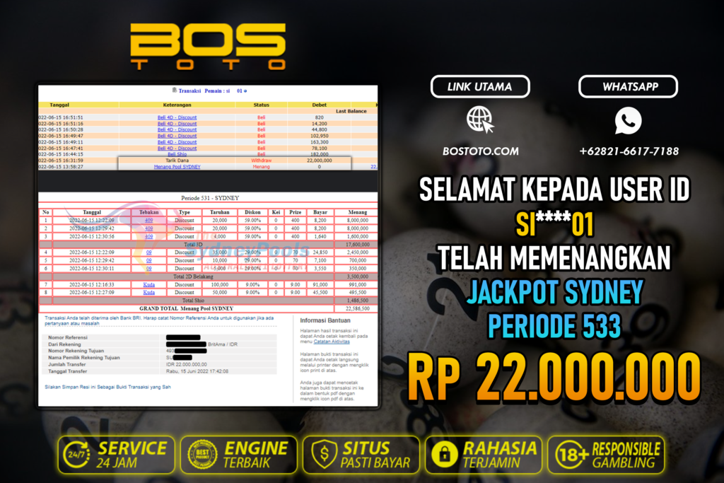 BUKTI PEMBAYARAN JP TOGEL SYDNEY DI BOSTOTO KEPADA MEMBER SI01