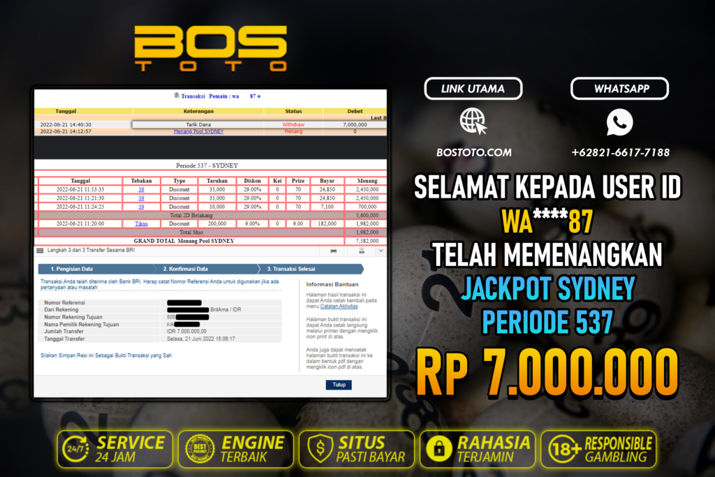 BUKTI PEMBAYARAN JP TOGEL SYDNEY DI BOSTOTO KEPADA MEMBER WA87