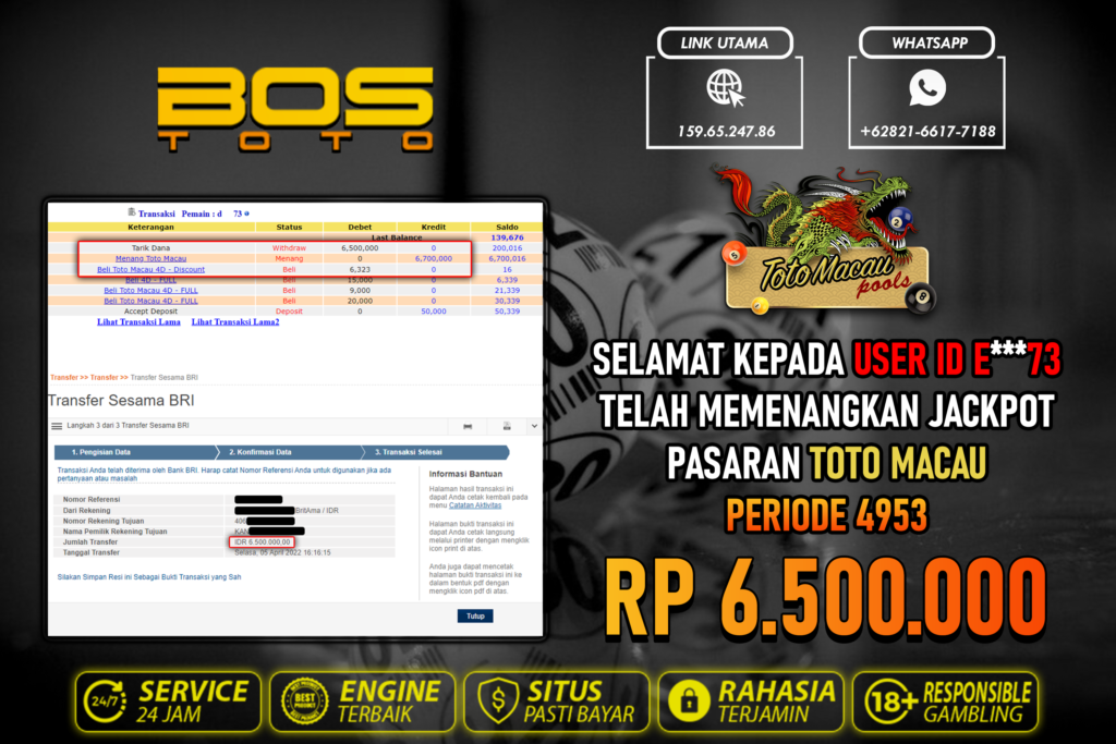 BUKTI PEMBAYARAN JP TOGEL TOTOMACAU DI BOSTOTO KEPADA MEMBER E73