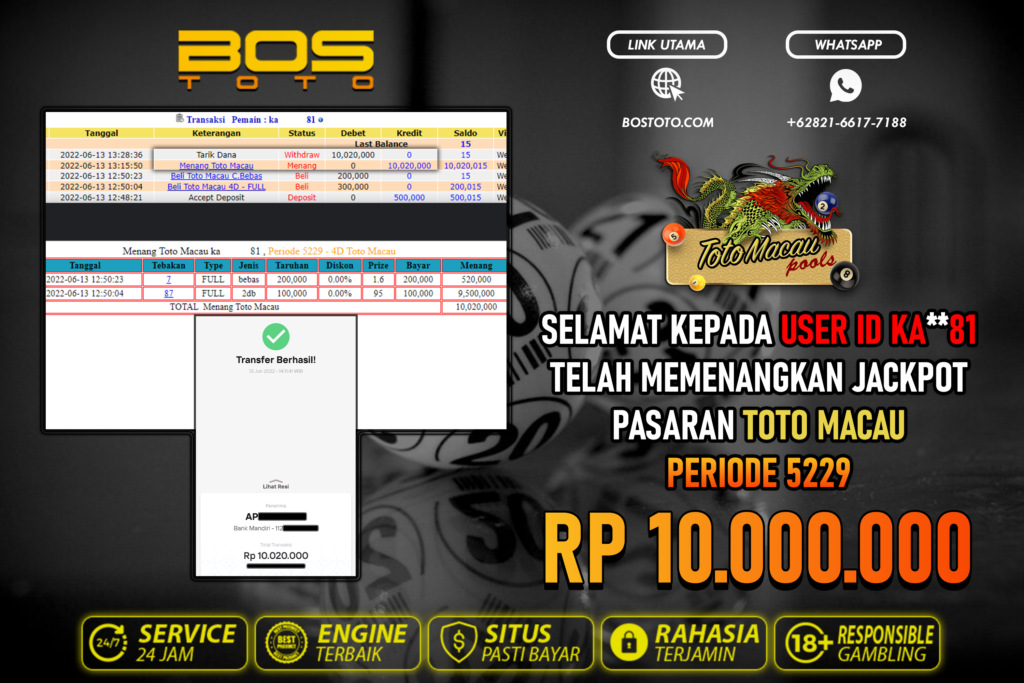 BUKTI PEMBAYARAN JP TOGEL TOTOMACAU DI BOSTOTO KEPADA MEMBER KA81