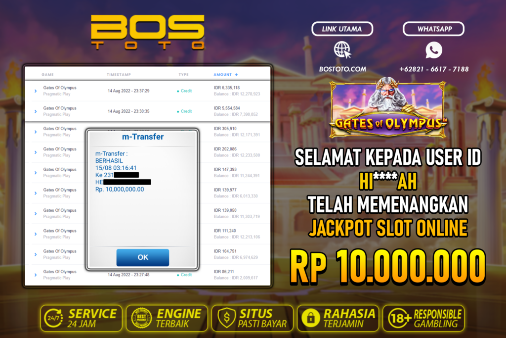 BUKTI PEMBAYARAN JP SLOT ONLINE DI BOSTOTO KEPADA MEMBER HIAH