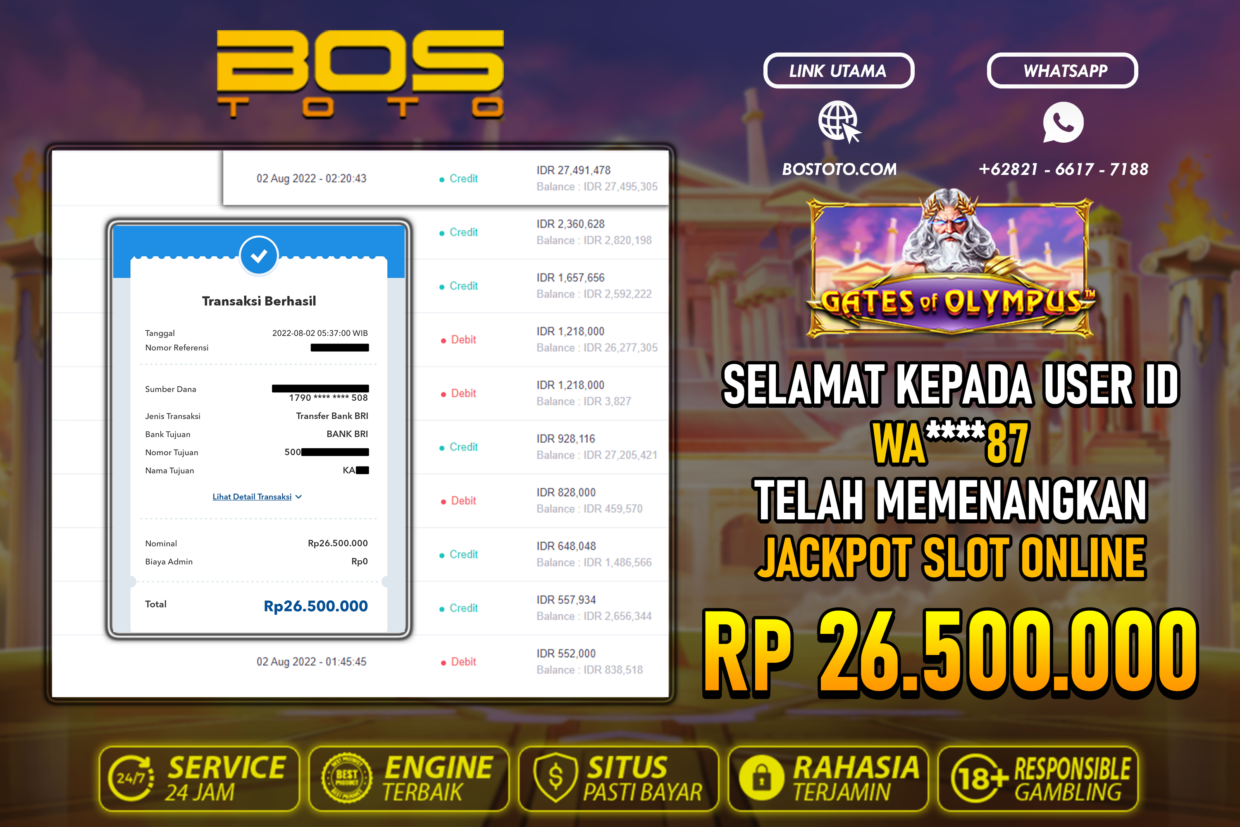 BUKTI PEMBAYARAN JP SLOT ONLINE DI BOSTOTO KEPADA MEMBER WA87