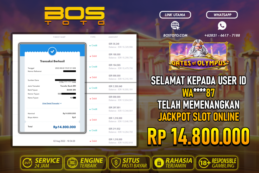 BUKTI PEMBAYARAN JP SLOT ONLINE DI BOSTOTO KEPADA MEMBER WA87