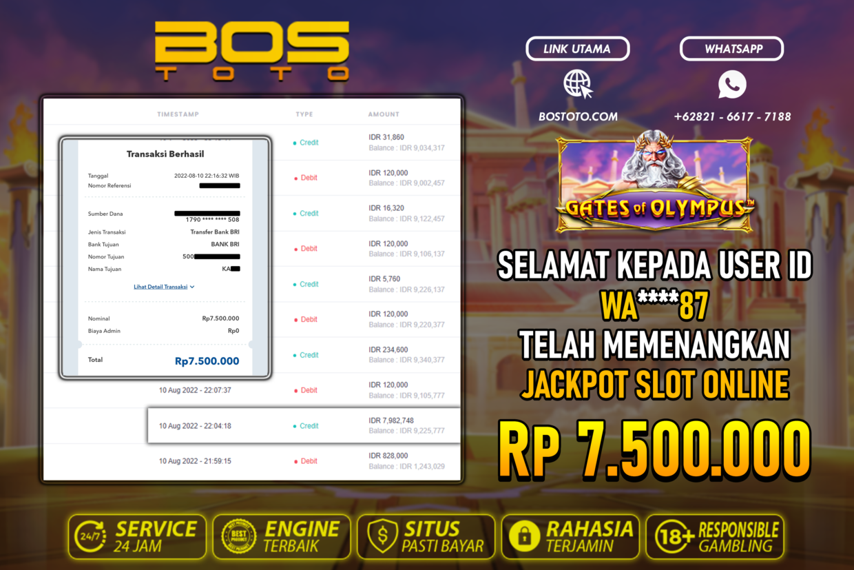 BUKTI PEMBAYARAN JP SLOT ONLINE DI BOSTOTO KEPADA MEMBER WA87