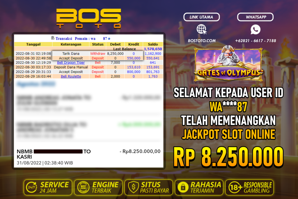 BUKTI PEMBAYARAN JP SLOT ONLINE DI BOSTOTO KEPADA MEMBER WA87