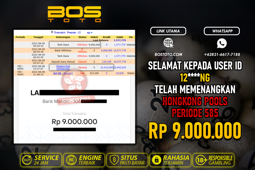 BUKTI PEMBAYARAN JP TOGEL HONGKONG DI BOSTOTO KEPADA MEMBER 12NG