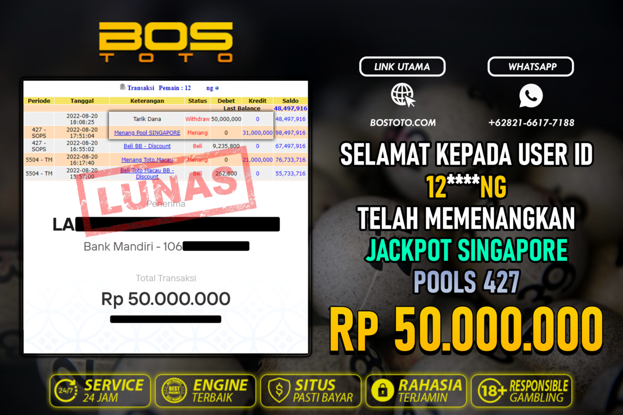 BUKTI PEMBAYARAN JP TOGEL SINGAPORE DI BOSTOTO KEPADA MEMBER 12NG