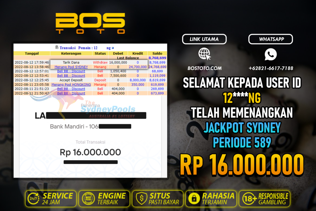 BUKTI PEMBAYARAN JP TOGEL SYDNEY DI BOSTOTO KEPADA MEMBER 12NG