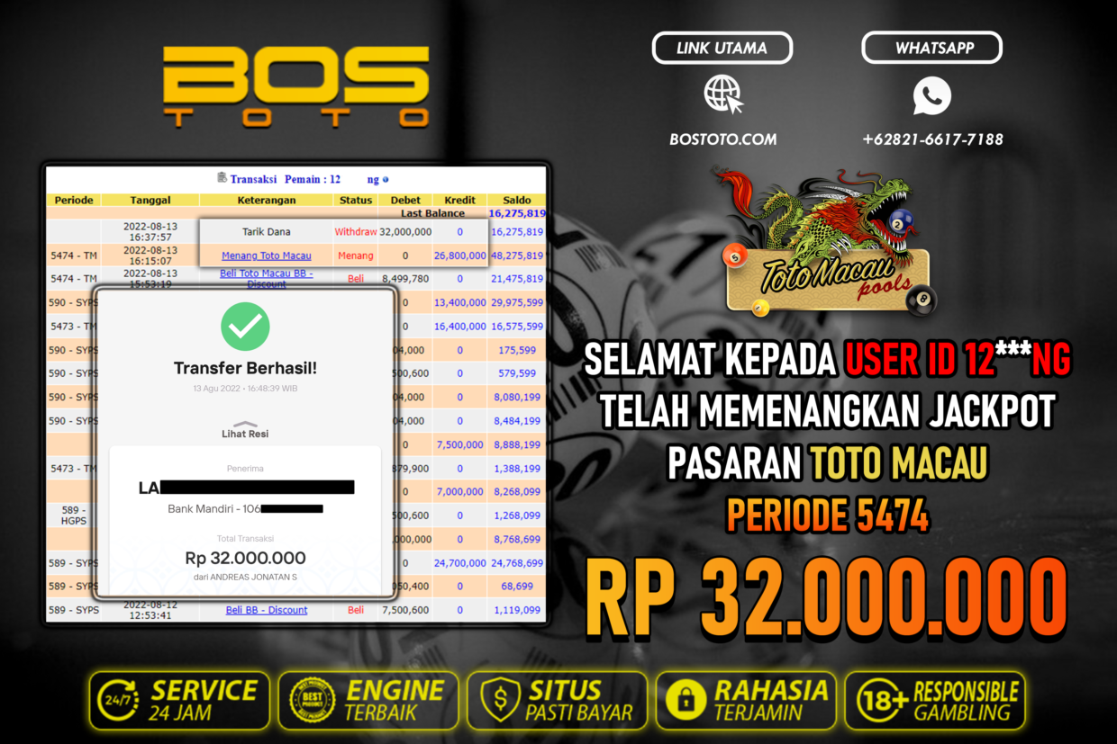 BUKTI PEMBAYARAN JP TOGEL TOTOMACAU DI BOSTOTO KEPADA MEMBER 12NG