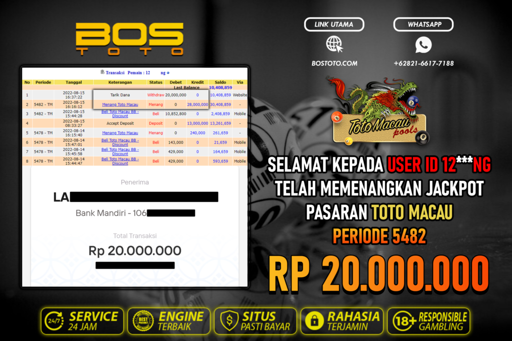 BUKTI PEMBAYARAN JP TOGEL TOTOMACAU DI BOSTOTO KEPADA MEMBER 12NG