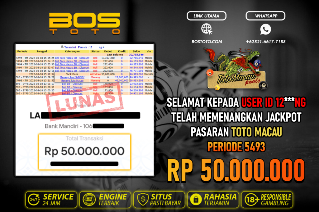 BUKTI PEMBAYARAN JP TOGEL TOTOMACAU DI BOSTOTO KEPADA MEMBER 12NG