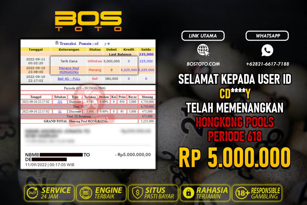 BUKTI PEMBAYARAN JP TOGEL HONGKONG DI BOSTOTO KEPADA MEMBER CDY