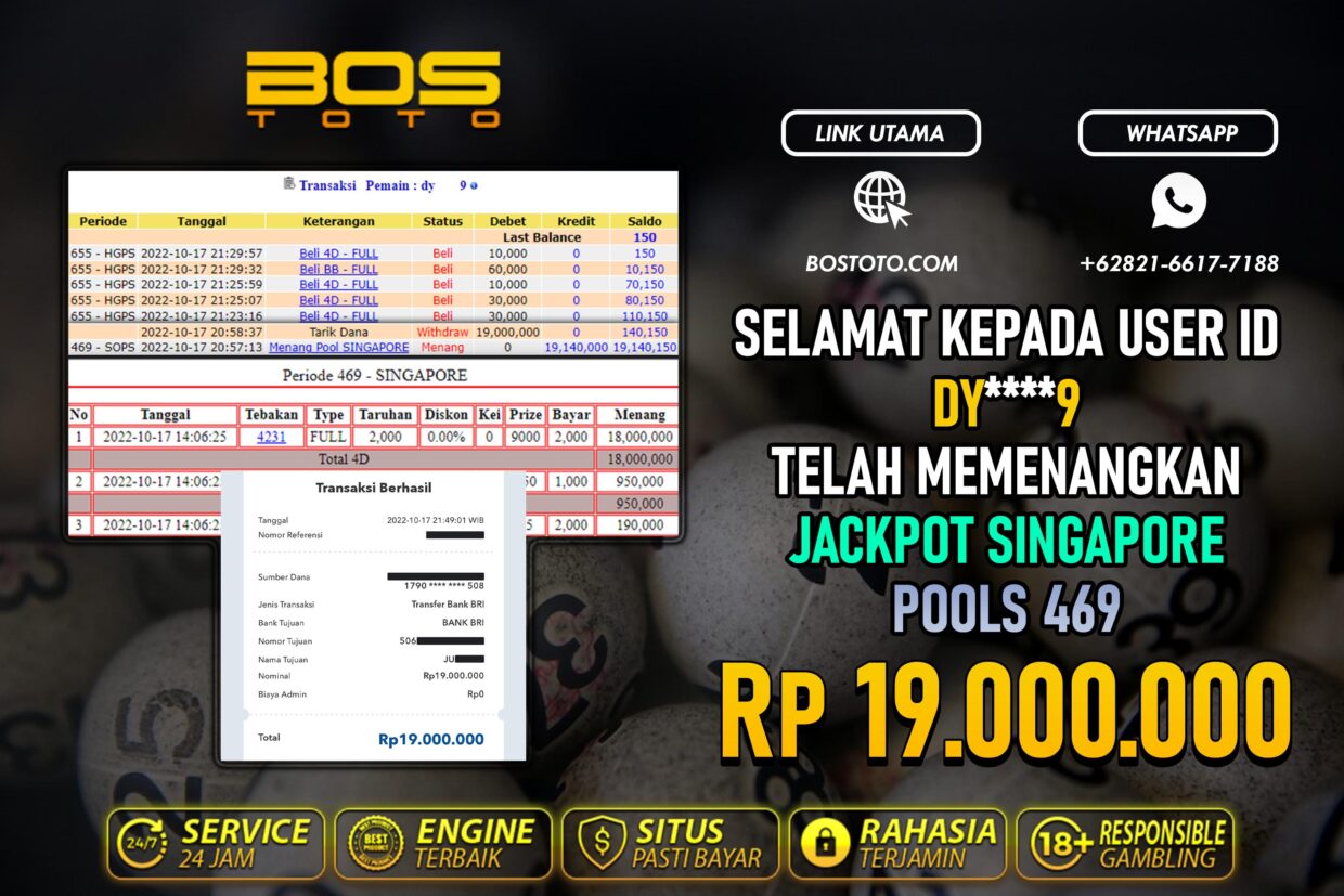 BUKTI PEMBAYARAN JP TOGEL SINGAPORE DI BOSTOTO KEPADA MEMBER DY9