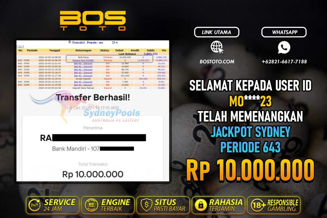 BUKTI PEMBAYARAN JP TOGEL SYDNEY DI BOSTOTO KEPADA MEMBER MO23