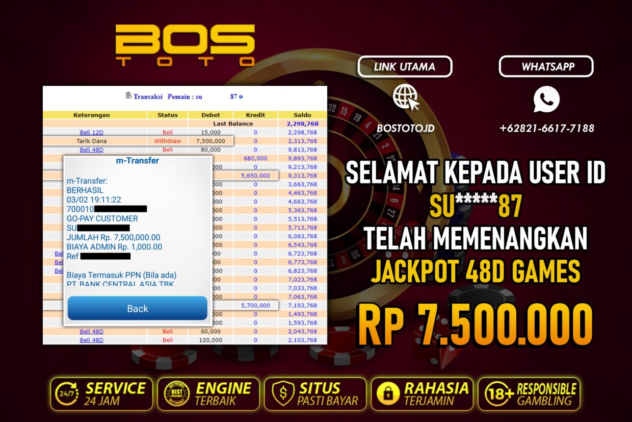 BUKTI PEMBAYARAN JP LIVE CASINO DI BOSTOTO KEPADA MEMBER SU87