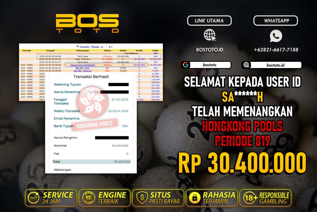 BUKTI PEMBAYARAN JP TOGEL HONGKONG DI BOSTOTO KEPADA MEMBER SAH