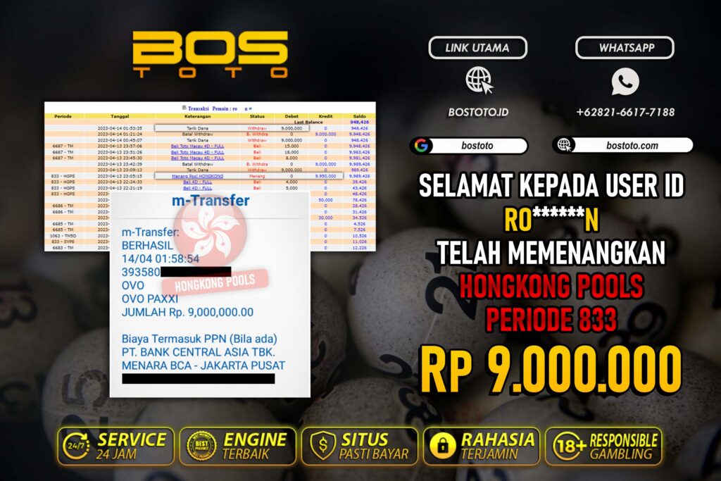 BUKTI PEMBAYARAN JP TOGEL HONGKONG DI BOSTOTO KEPADA MEMBER RON