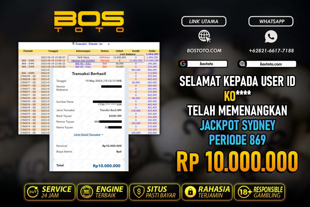 BUKTI PEMBAYARAN JP TOGEL SYDNEY DI BOSTOTO KEPADA MEMBER KO