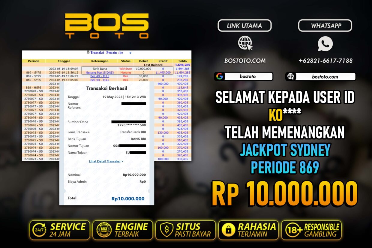 BUKTI PEMBAYARAN JP TOGEL SYDNEY DI BOSTOTO KEPADA MEMBER KO