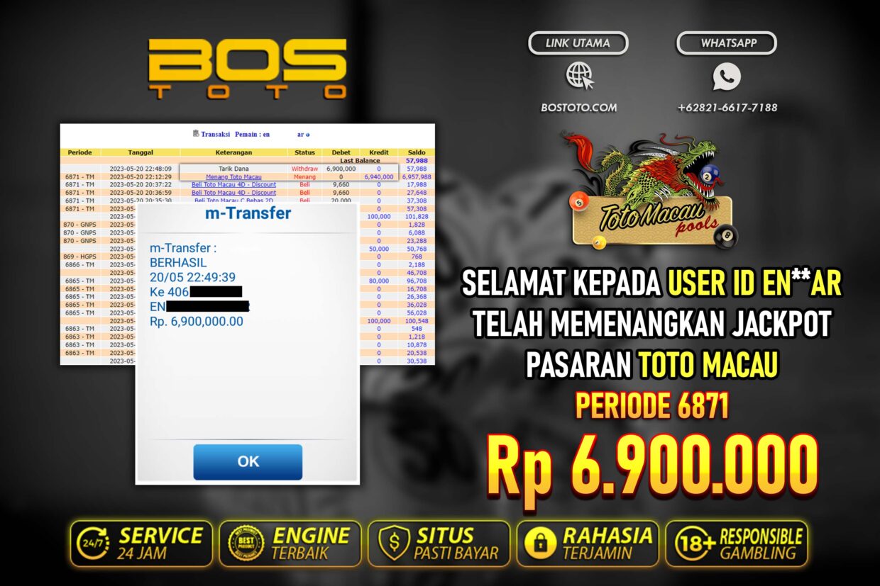 BUKTI PEMBAYARAN JP TOGEL TOTOMACAU DI BOSTOTO KEPADA MEMBER ENAR