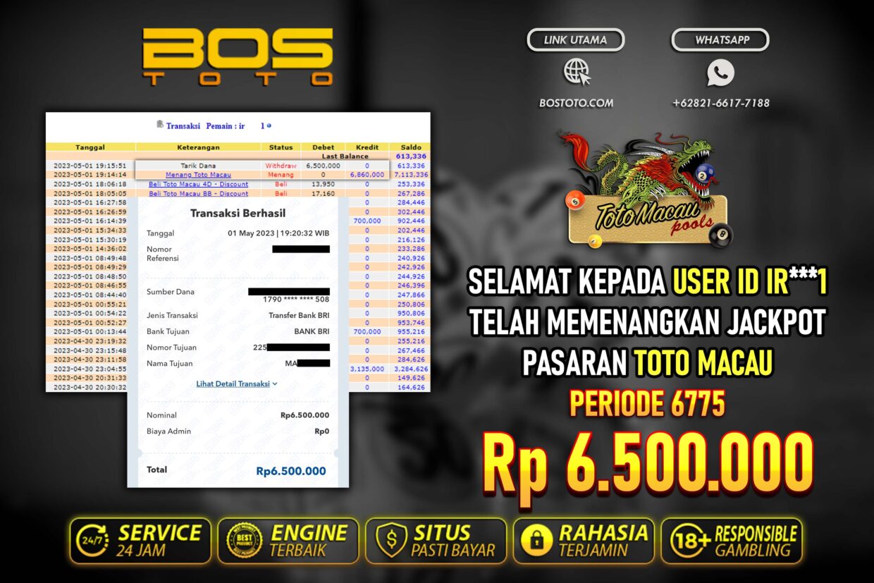 BUKTI PEMBAYARAN JP TOGEL TOTOMACAU DI BOSTOTO KEPADA MEMBER IR1