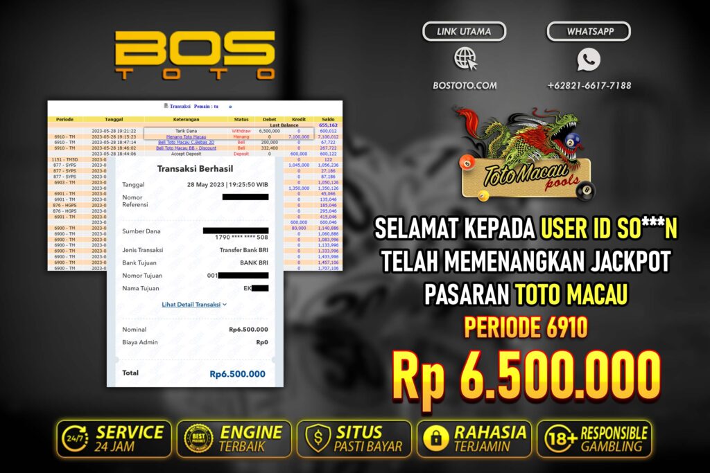 BUKTI PEMBAYARAN JP TOGEL TOTOMACAU DI BOSTOTO KEPADA MEMBER SON