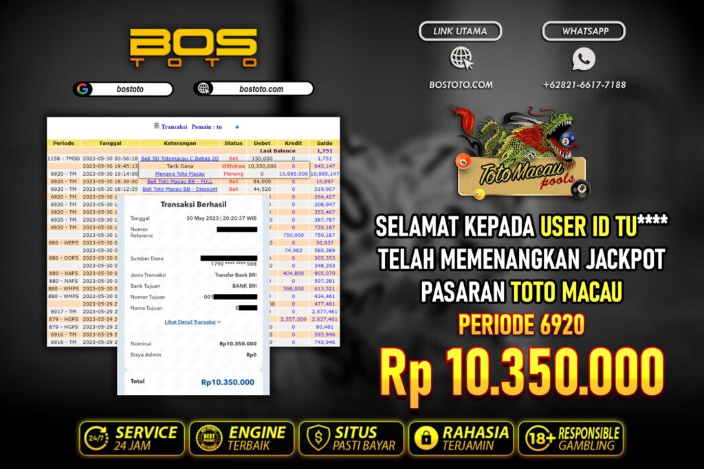 BUKTI PEMBAYARAN JP TOGEL TOTOMACAU DI BOSTOTO KEPADA MEMBER TU