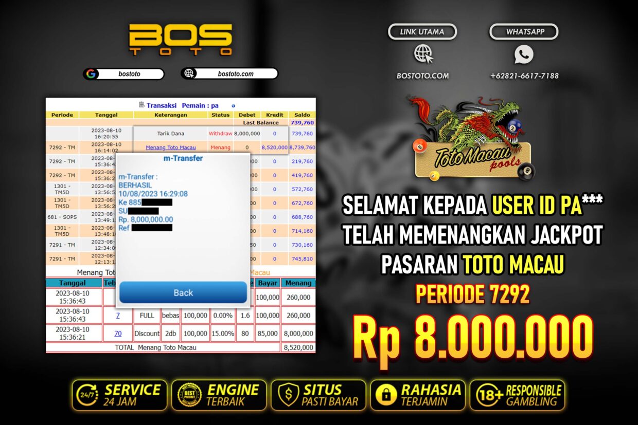 BUKTI PEMBAYARAN JP TOGEL TOTOMACAU DI BOSTOTO KEPADA MEMBER PA