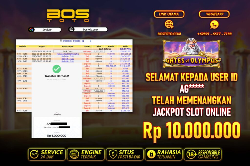 BUKTI PEMBAYARAN JP SLOT ONLINE DI BOSTOTO KEPADA MEMBER AG