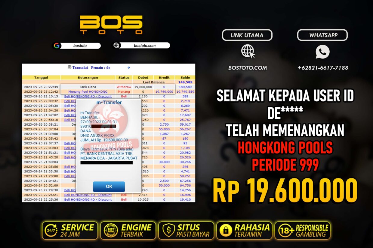 BUKTI PEMBAYARAN JP TOGEL HONGKONG DI BOSTOTO KEPADA MEMBER DE