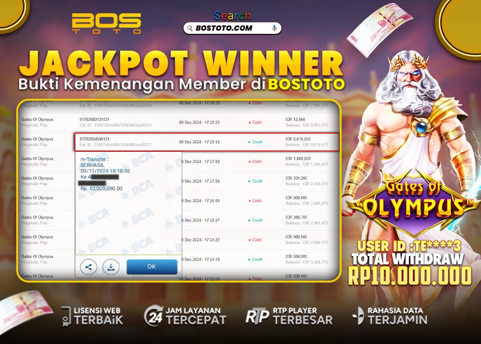 BUKTI PEMBAYARAN JP SLOT ONLINE DI BOSTOTO KEPADA MEMBER TE