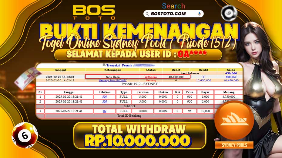 BUKTI PEMBAYARAN JP TOGEL SYDNEY POOLS DI BOSTOTO KEPADA MEMBER GA